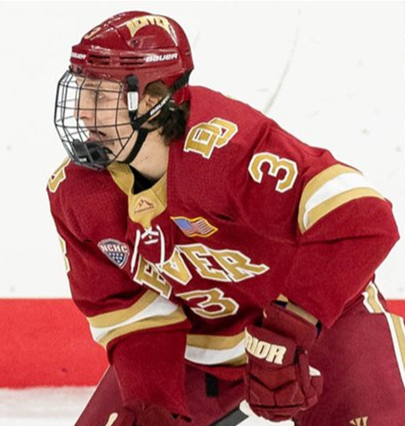 Mens Denver Pioneers #3 Antti Tuomisto Crimson College Hockey Game Jersey