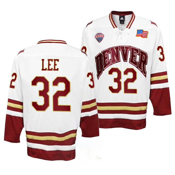 Mens Denver Pioneers #32 Justin Lee White College Hockey Game Jersey