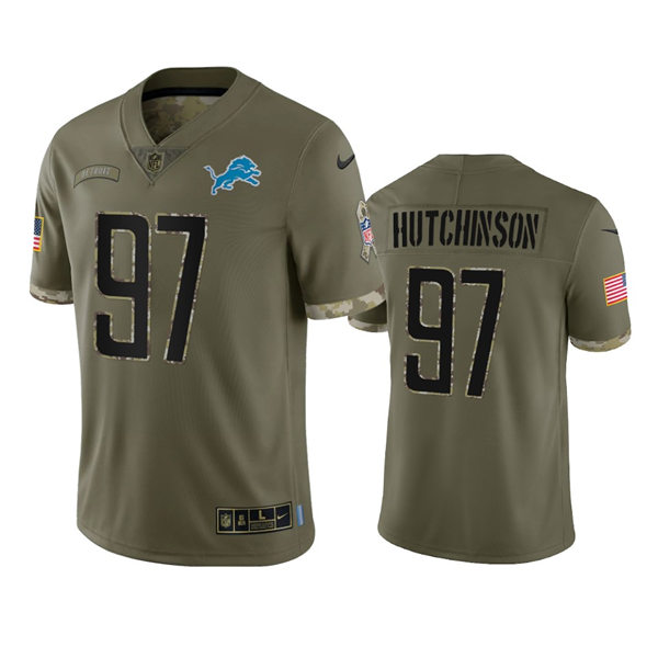 Mens Detroit Lions #97 Aidan Hutchinson 2022 Salute To Service Limited Jersey Olive