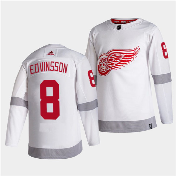 Mens Detroit Red Wings #8 Simon Edvinsson Adidas White 2021 Reverse Retro Jersey Stitched