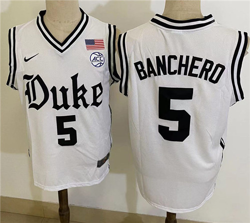 Mens Duke Blue Devils #5 Paolo Banchero 2021-22 White Cameron Brotherhood uniform Jersey