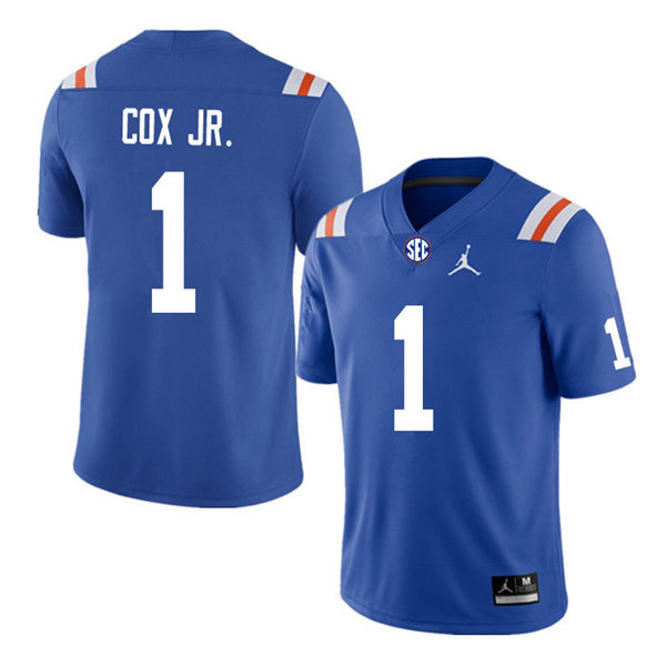 Mens Florida Gators #1 Brenton Cox Jr. Jordan Brand Royal Retro 1960's Football Jersey