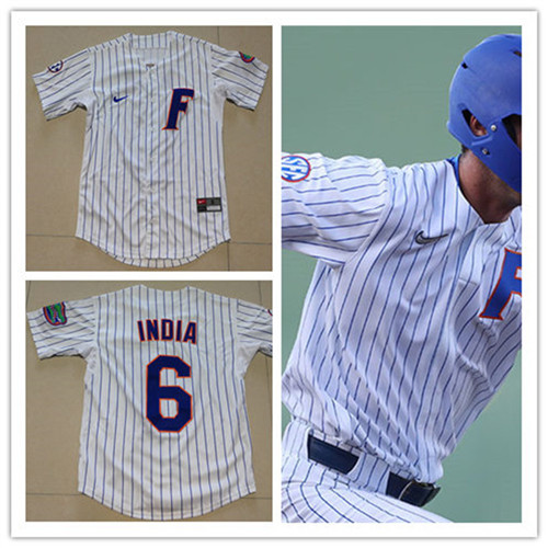 Mens Florida Gators #6 Jonathan India Nike 2021 White Pinstripe With Name College Baseball Alumni Jerseys