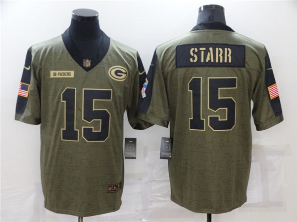 Mens Green Bay Packers Retired Player #15 Bart Starr Nike Olive 2021 Salute To Service Limited Stitched Jersey