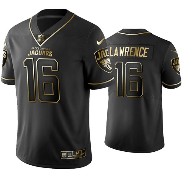 Mens Jacksonville Jaguars #16 Trevor Lawrence Nike Black Golden Edition Vapor Limited Jersey