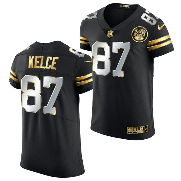 Mens Kansas City Chiefs #87 Travis Kelce Nike 2020-21 Black Golden Edition Jerse