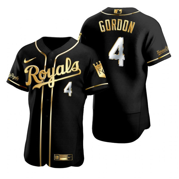 Mens Kansas City Royals #4 Alex Gordon Nike Black Golden Edition Authentic Jersey