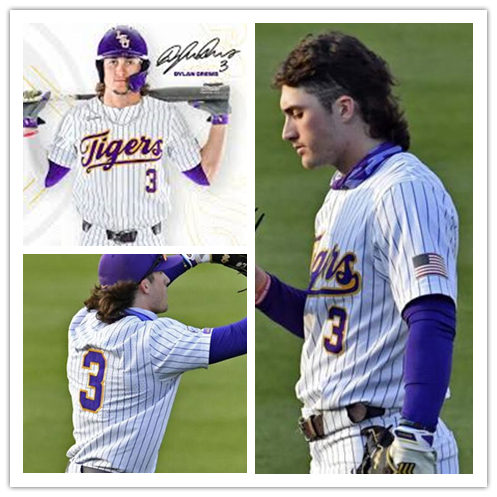 Mens LSU Tigers #3 Dylan Crews Nike White Pinstripe College Baseball Jersey