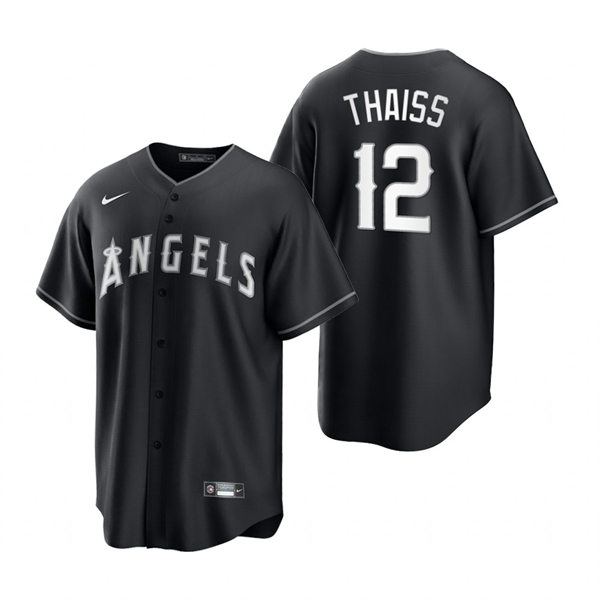 Mens Los Angeles Angels #12 Matt Thaiss Nike 2021 Black White Fashion Jersey