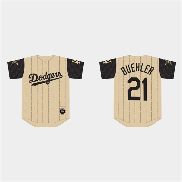 Mens Los Angeles Dodgers #21 Walker Buehler Gold 2022 Black Heritage Night Jersey