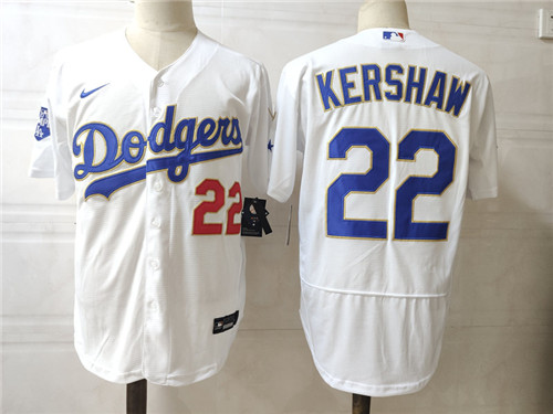 Mens Los Angeles Dodgers #22 Clayton Kershaw Nike WhiteGold 2021 Gold Program Player Jersey