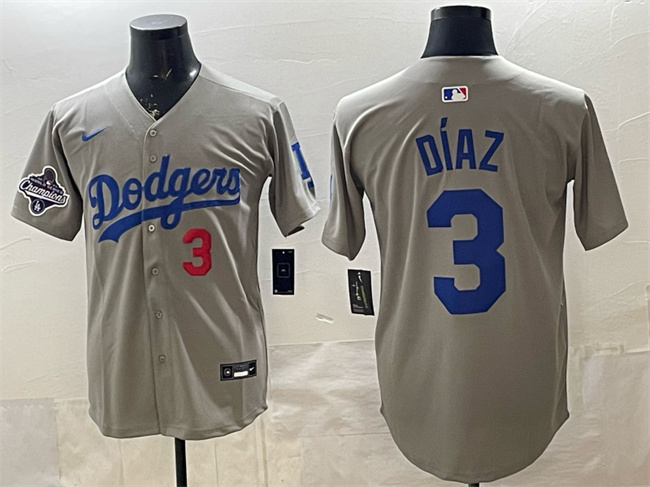 Mens Los Angeles Dodgers #3 Edwin D?-az Grey With 2025 World Series Champions Patch Limited Stitched Baseball Jersey