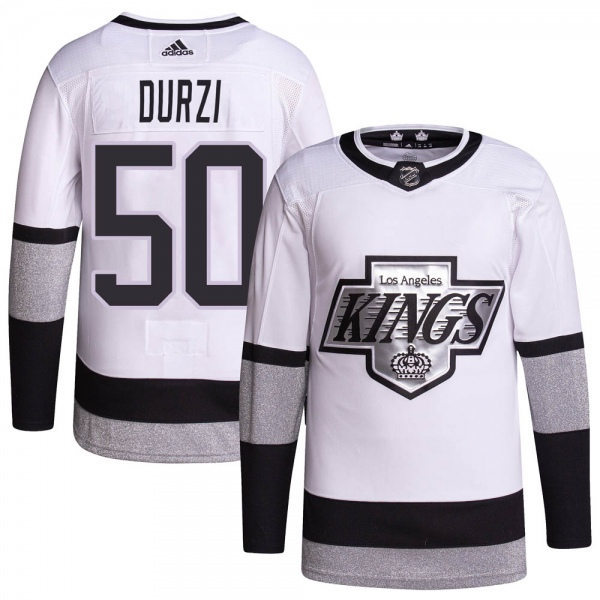 Mens Los Angeles Kings #50 Sean Durzi 2021-22 adidas White Alternate Premier Breakaway Player Jersey Stitched