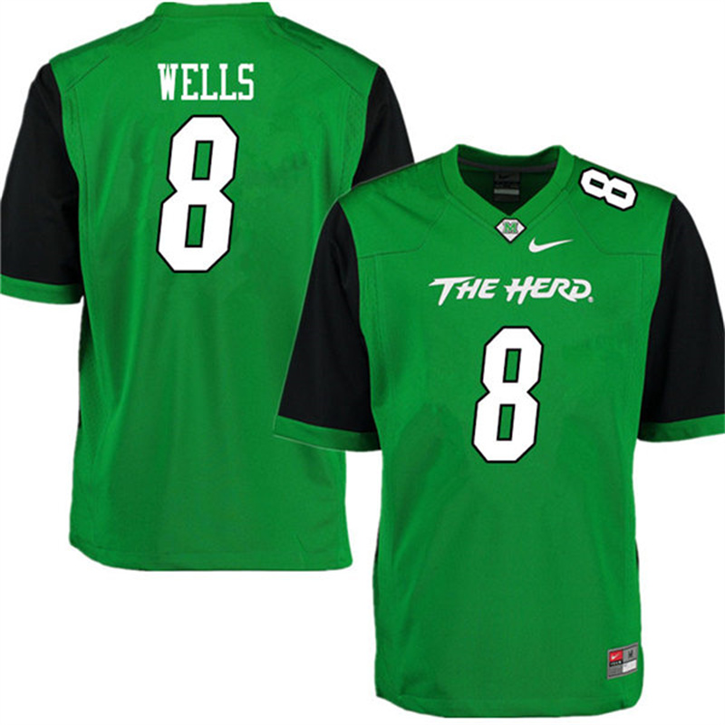 Mens Marshall Thundering Herd #8 Grant Wells 2012-19 Green Black Sleeves Nike College Football Game 