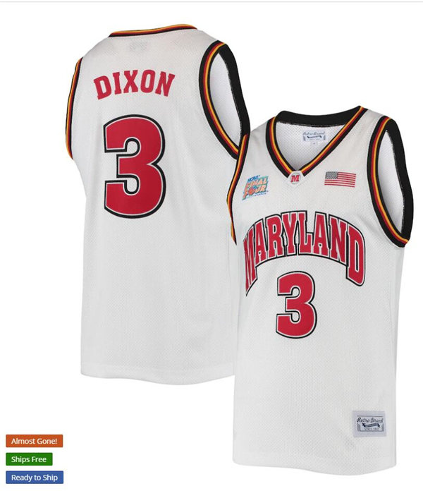 Mens Maryland Terrapins #3 Juan Dixon White Retro 2002 Basketball Tournament March Madness Final Four Commemorative Hardwood  