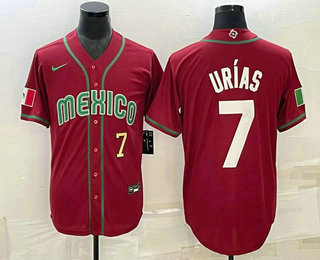 Mens Mexico Baseball #7 Julio Urias Number 2023 Red Blue World Baseball Classic Stitched Jersey的副本