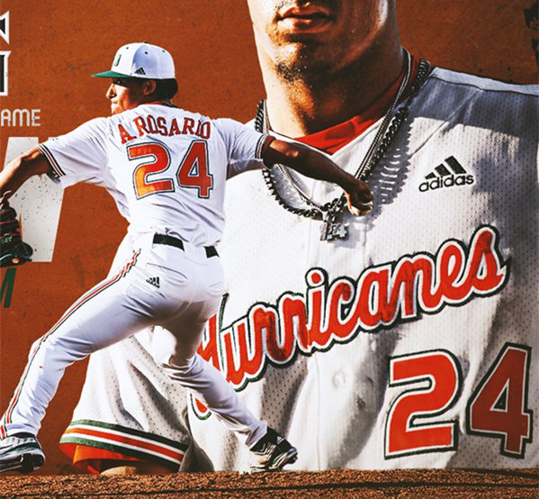 Mens Miami Hurricanes #24 Alejandro Rosario Adidas 2021 White Hurricanes College Baseball Game Jersey