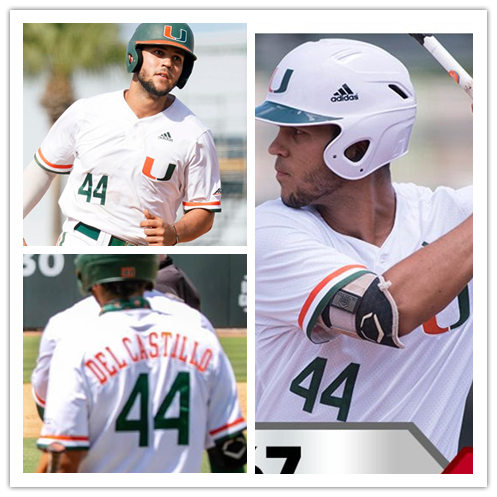 Mens Miami Hurricanes #44 Adrian Del Castillo Adidas 2018 White U two-Button Pullover College Baseball Game Jerse