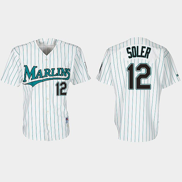 Mens Miami Marlins #12 Jorge Soler Nike White Teal Pinstripe 30th Anniversary Retro Jersey