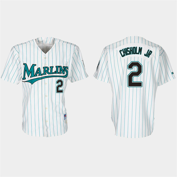 Mens Miami Marlins #2 Jazz Chisholm Jr. Nike White Teal Pinstripe 30th Anniversary Retro Jersey