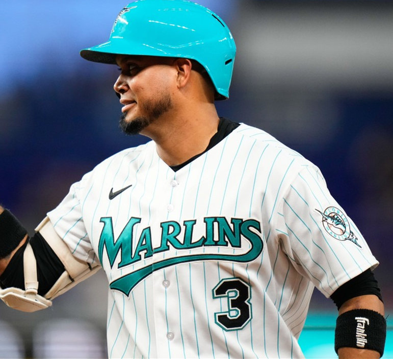 Mens Miami Marlins #3 Luis Arraez Nike White Teal Pinstripe 30th Anniversary Retro Jersey