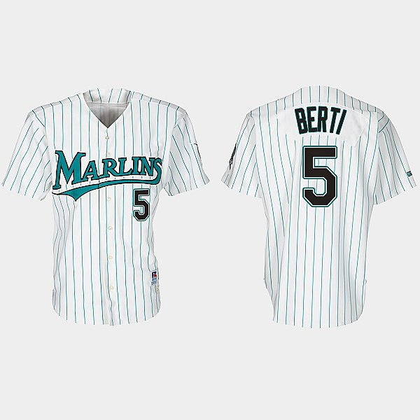 Mens Miami Marlins #5 Jon Berti Nike White Teal Pinstripe 30th Anniversary Retro Jersey