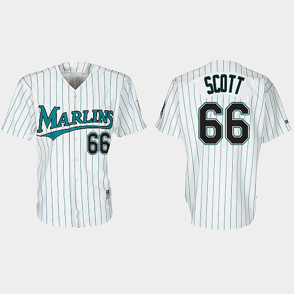 Mens Miami Marlins #66 Tanner Scott Nike White Teal Pinstripe 30th Anniversary Retro Jersey