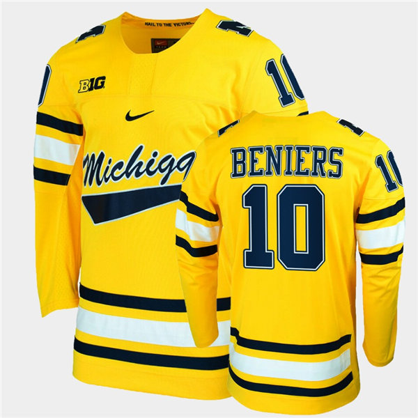 Mens Michigan Wolverines #10 Matty Beniers Nike Maize College Hockey Game Jersey