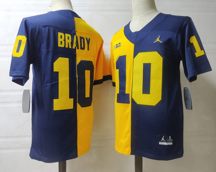 Mens Michigan Wolverines #10 Tom Brady Jordan Brand Maize Navy Split Two Tone Edition Honorary Alumni Jersey