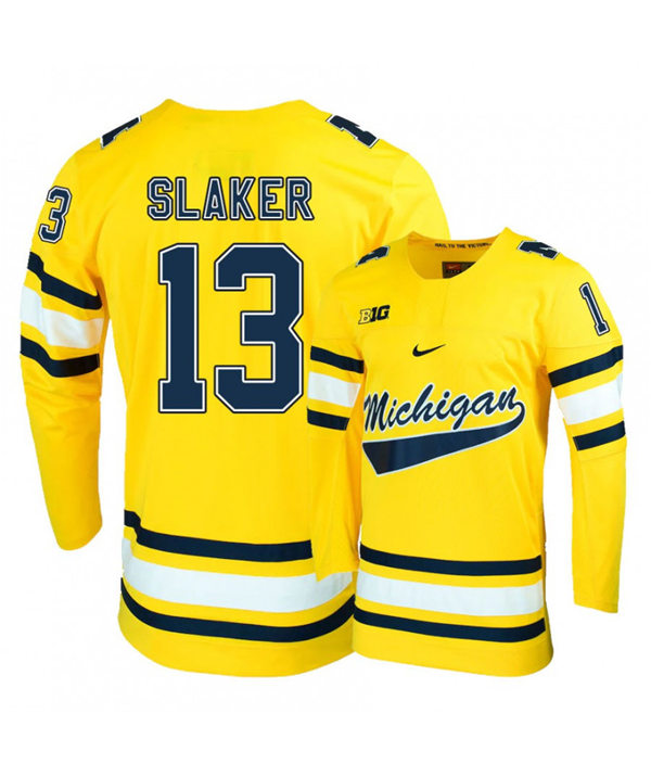 Mens Michigan Wolverines #13 Jake Slaker Stitched Nike Gold Hockey Jerseys