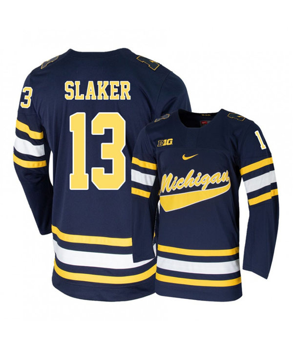 Mens Michigan Wolverines #13 Jake Slaker Stitched Nike Navy Hockey Jerseys