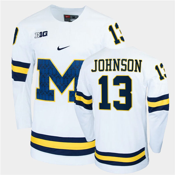 Mens Michigan Wolverines #13 Kent Johnson Stitched Nike White BIG M Hockey Jerseys