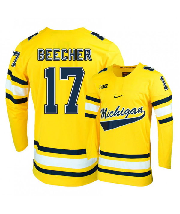 Mens Michigan Wolverines #17 Johnny Beecher Stitched Nike Gold Hockey Jerseys