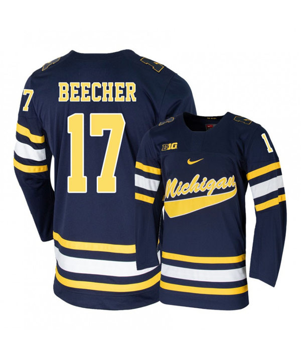Mens Michigan Wolverines #17 Johnny Beecher Stitched Nike Navy Hockey Jerseys