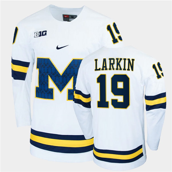 Mens Michigan Wolverines #19 Dylan Larkin Nike White Big M College Hockey Game Jerseys