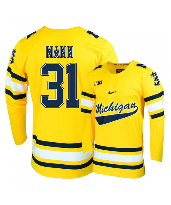 Mens Michigan Wolverines #31 Strauss Mann Stitched Nike Gold Hockey Jersey