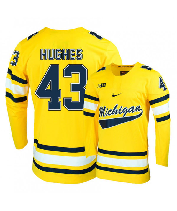 Mens Michigan Wolverines #43 Quinn Hughes Stitched Nike Gold Hockey Jerseys