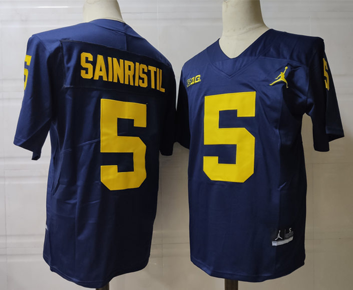 Mens Michigan Wolverines #5 Mike Sainristil Jordan Brand Navy College Football Game Jersey