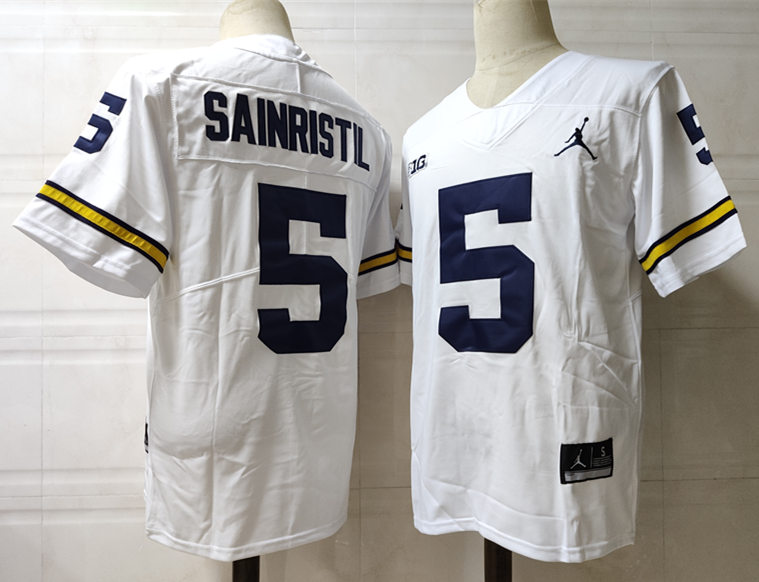 Mens Michigan Wolverines #5 Mike Sainristil Jordan Brand White College Football Game Jersey
