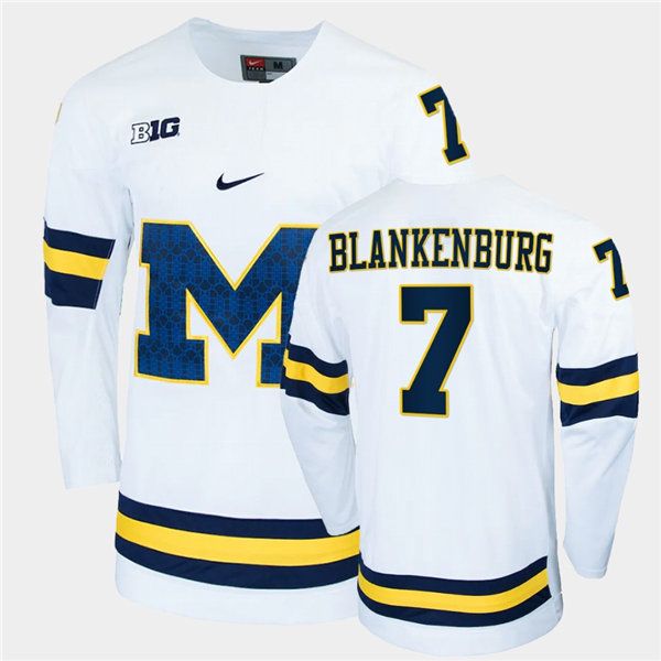 Mens Michigan Wolverines #7 Nick Blankenburg Stitched Nike White BIG M Hockey Jerseys