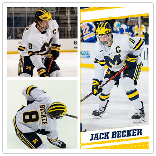 Mens Michigan Wolverines #8 Jack Becker Stitched Nike White BIG M Hockey Jerseys