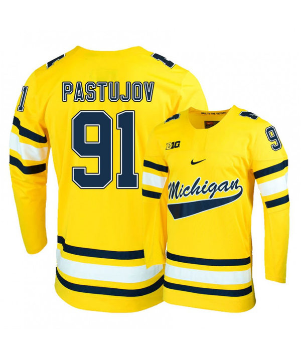 Mens Michigan Wolverines #91 Nick Pastujov Stitched Nike Gold Hockey Jerseys