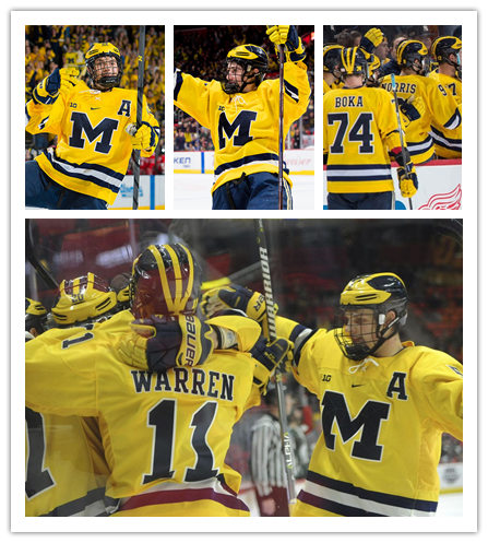 Mens Michigan Wolverines Custom Stitched Nike Gold BIG M Hockey Jersey