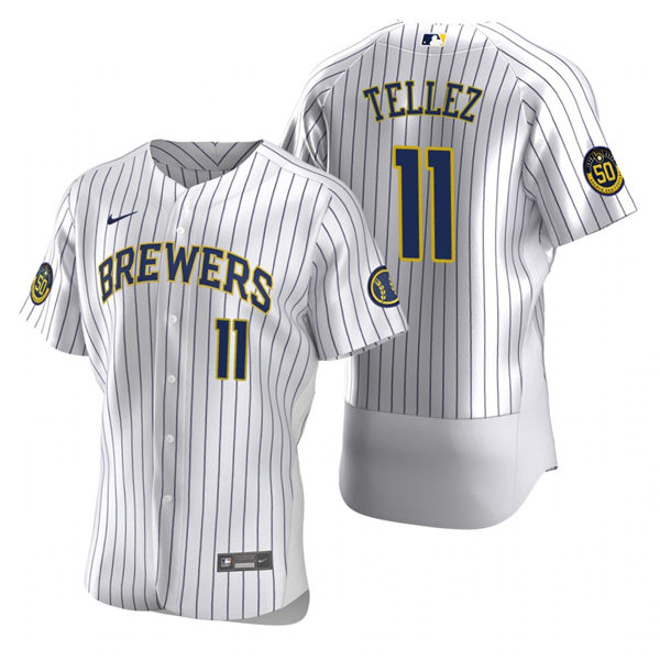 Mens Milwaukee Brewers #11 Rowdy Tellez Nike White Pinstripe Alternate FlexBase Jersey