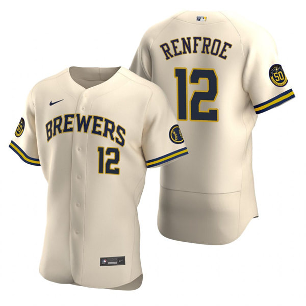 Mens Milwaukee Brewers #12 Hunter Renfroe Cream Home FlexBase Player Jersey