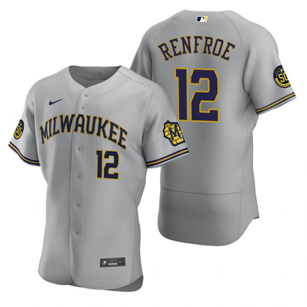 Mens Milwaukee Brewers #12 Hunter Renfroe Gray Road FlexBase Player Jersey