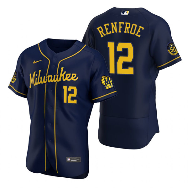 Mens Milwaukee Brewers #12 Hunter Renfroe Navy Alternate FlexBase Player Jersey