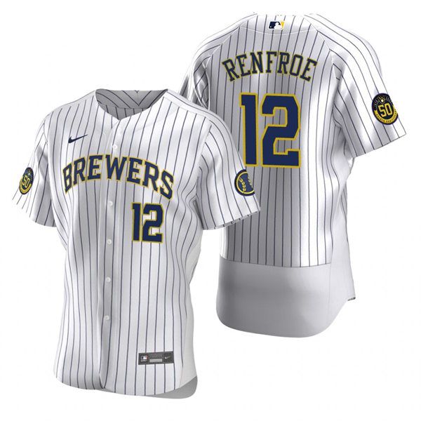 Mens Milwaukee Brewers #12 Hunter Renfroe White Pinstripe Alternate FlexBase Player Jersey