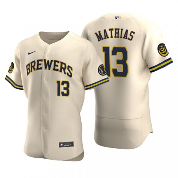 Mens Milwaukee Brewers #13 Mark Mathias Cream Home FlexBase Player Jersey