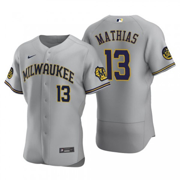 Mens Milwaukee Brewers #13 Mark Mathias Gray Road FlexBase Player Jersey